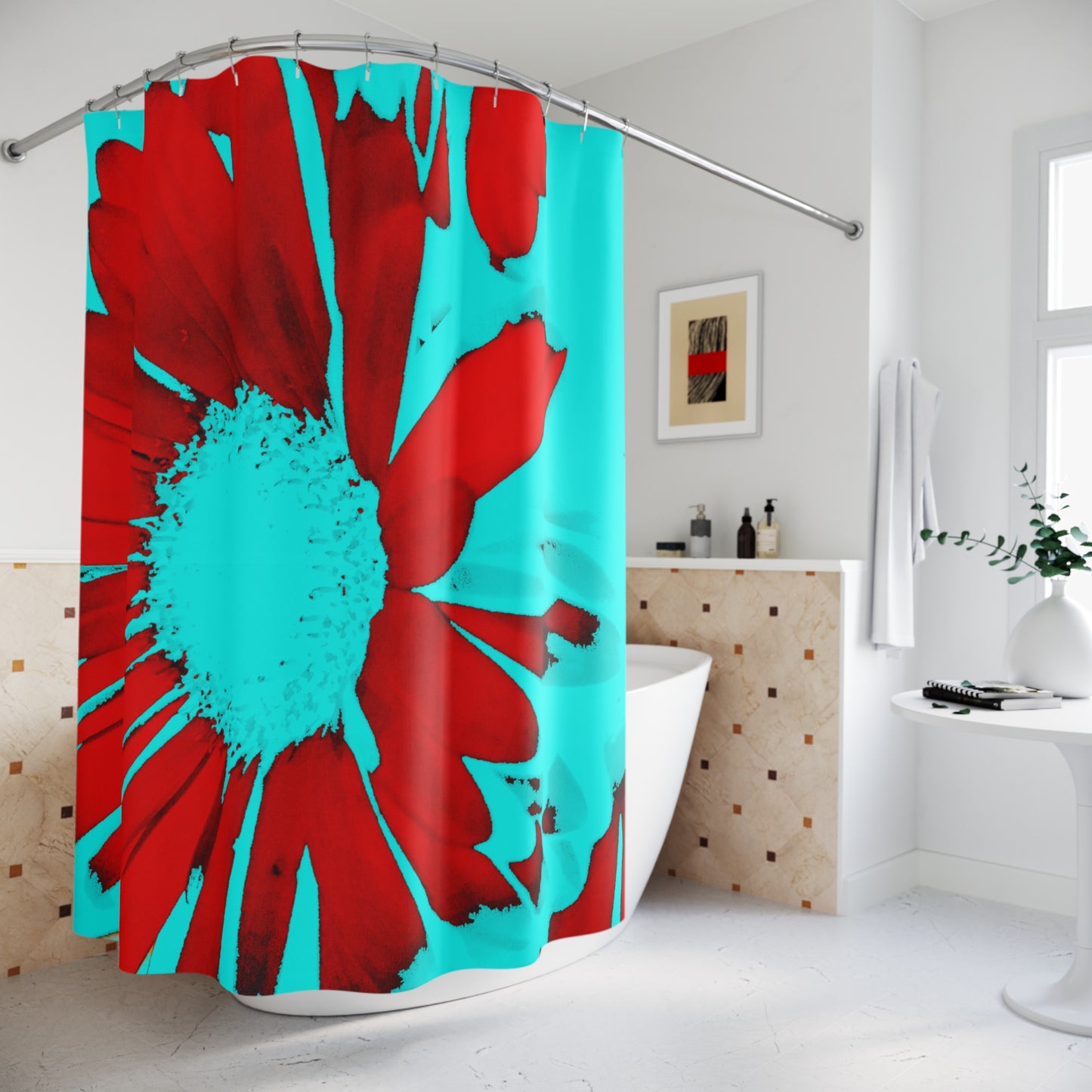 Vibrant Floral Shower Curtain, Bathroom Décor, Turquoise Red Flower Design, Modern Home Accessory, Gift for Homeowners