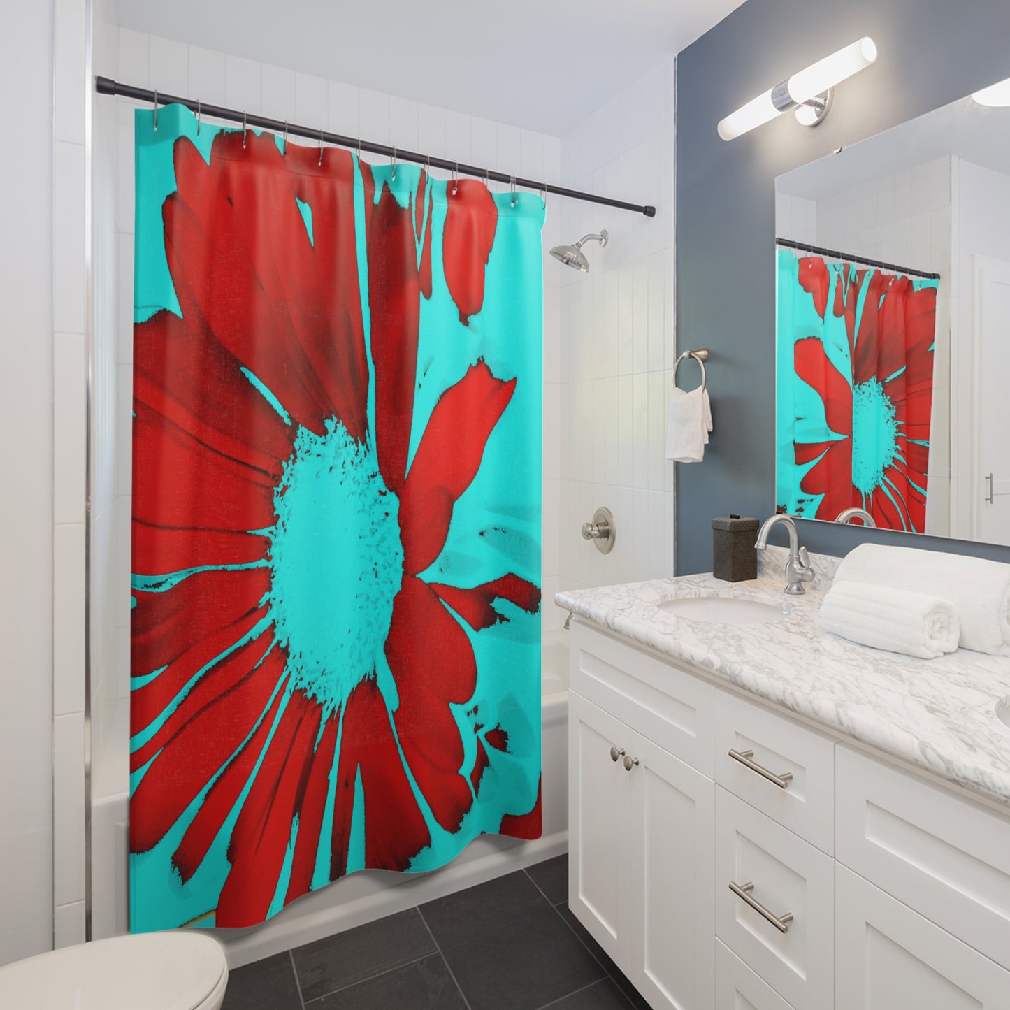 Vibrant Floral Shower Curtain, Bathroom Décor, Turquoise Red Flower Design, Modern Home Accessory, Gift for Homeowners